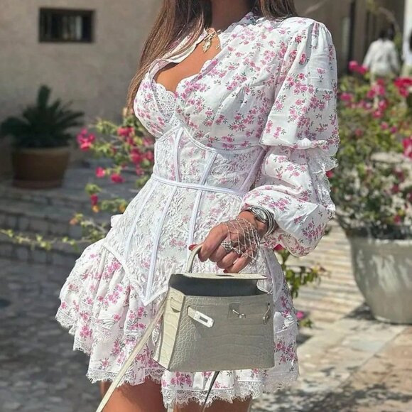 Pink Boho Women's Sweet Floral Lace Dress - Picture 7 of 9